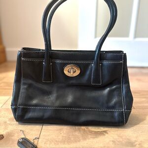 Coach Black Leather Shoulder Bag with Turnlock Closure